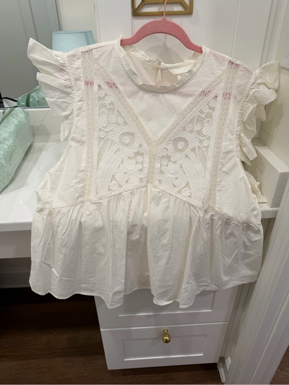 Women's Cream Lace-Detail Flutter Sleeve Top